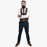 Terno de lã azul-marinho de 3 peças Happy Gentleman GRAZIE com colete marrom contrastante.
