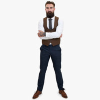Terno de lã azul-marinho de 3 peças Happy Gentleman GRAZIE com colete marrom contrastante.