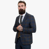 Terno de lã azul-marinho de 3 peças Happy Gentleman GRAZIE com colete marrom contrastante.