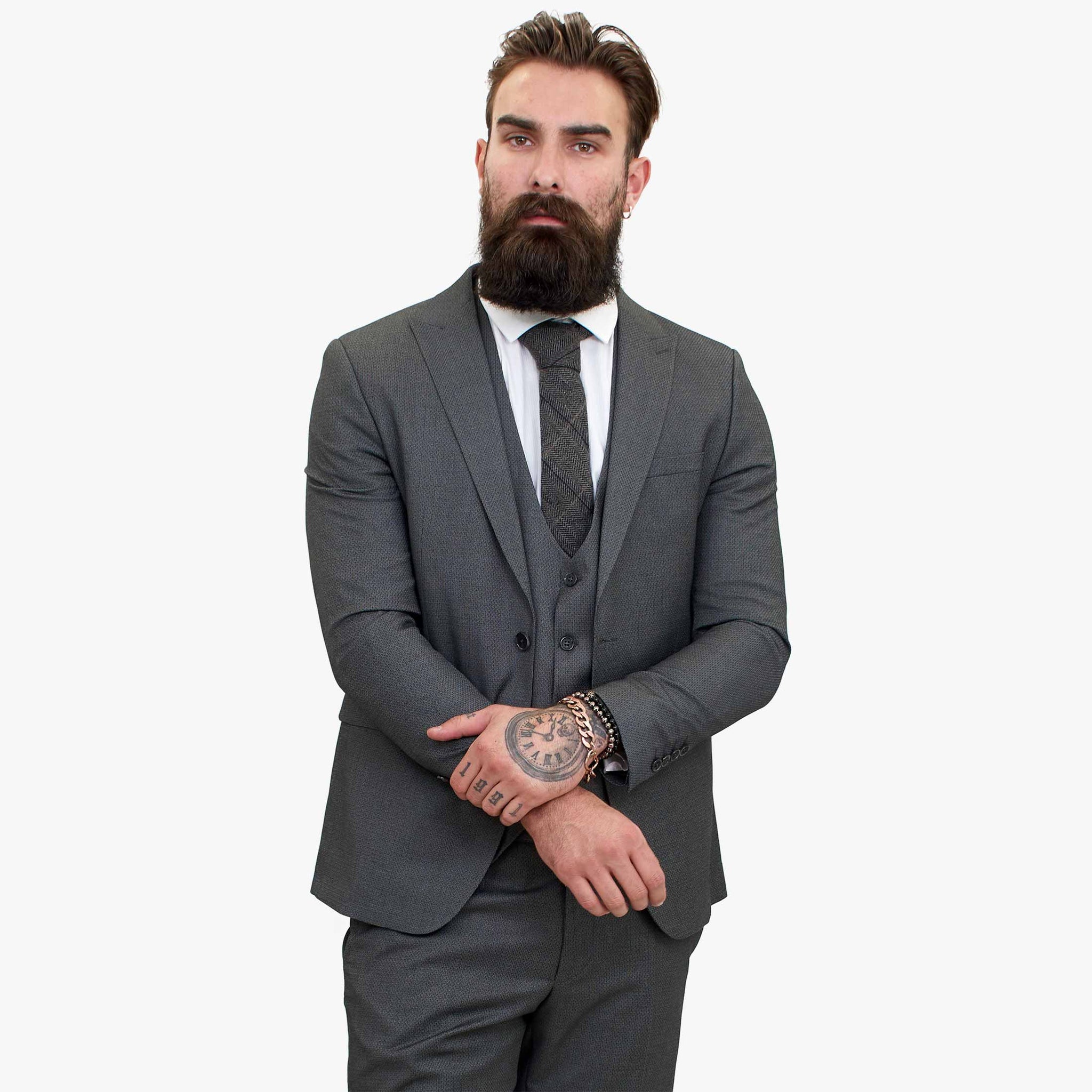 Terno de lã cinza Happy Gentleman MIROLE, corte sob medida, 3 peças.