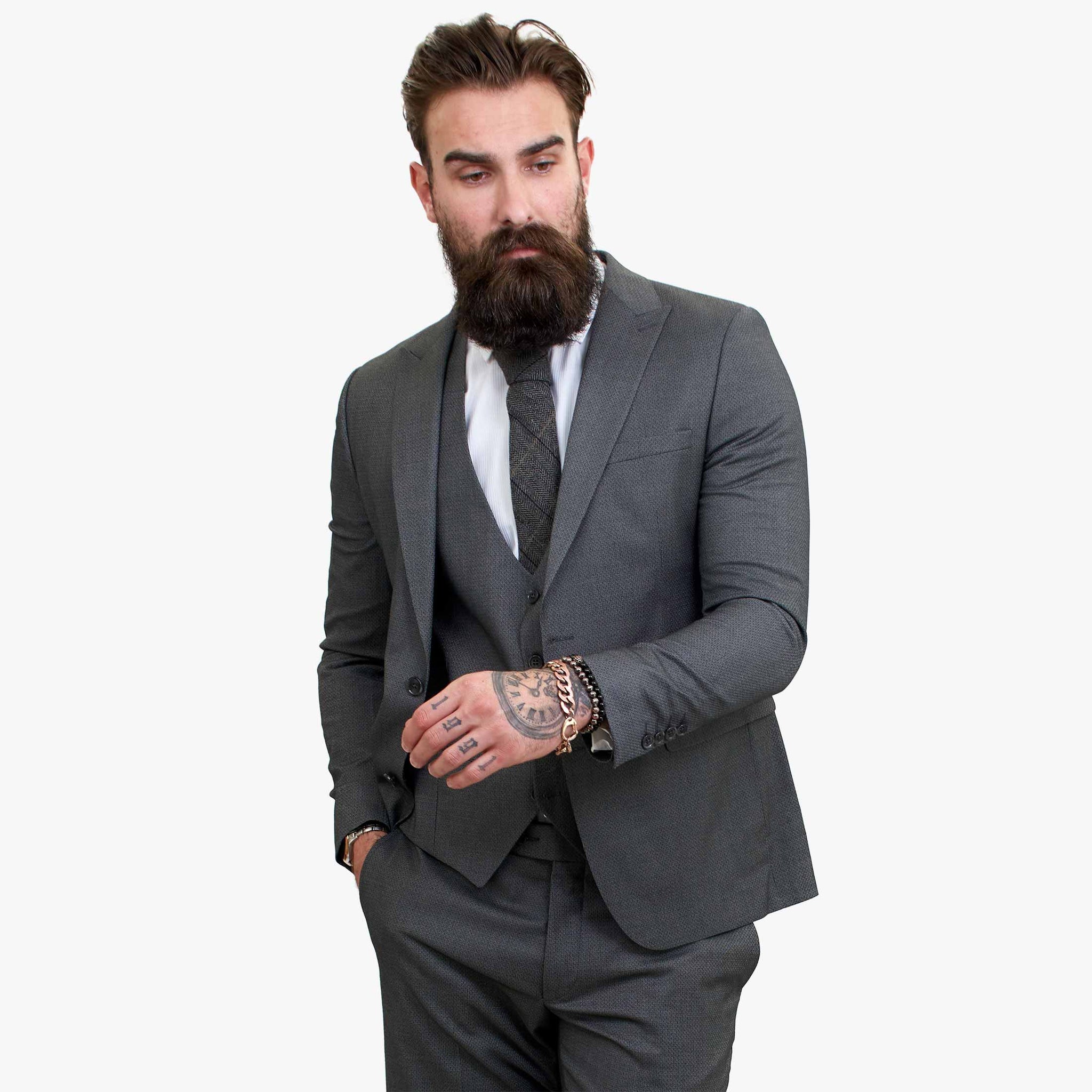 Terno de lã cinza Happy Gentleman MIROLE, corte sob medida, 3 peças.