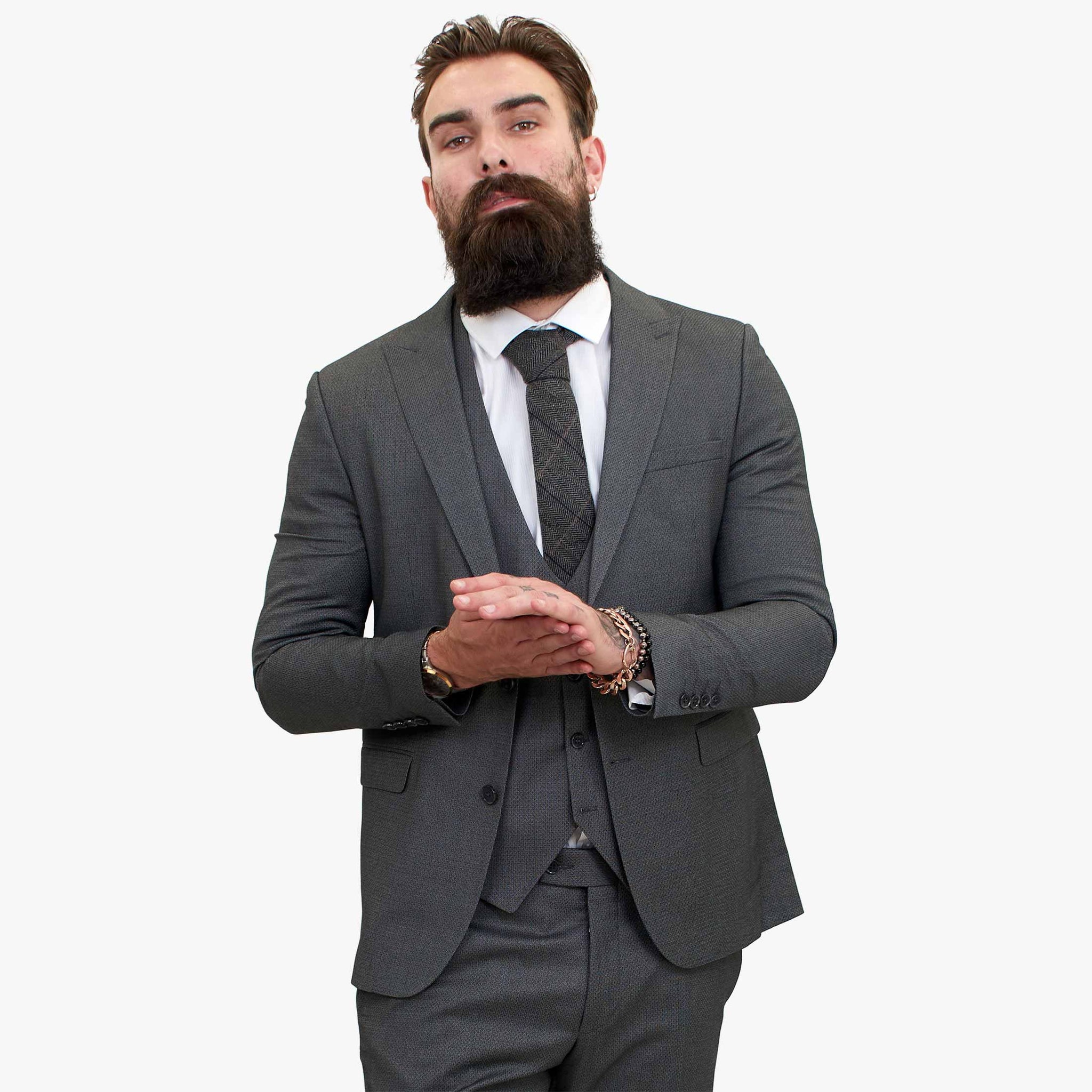 Terno de lã cinza Happy Gentleman MIROLE, corte sob medida, 3 peças.