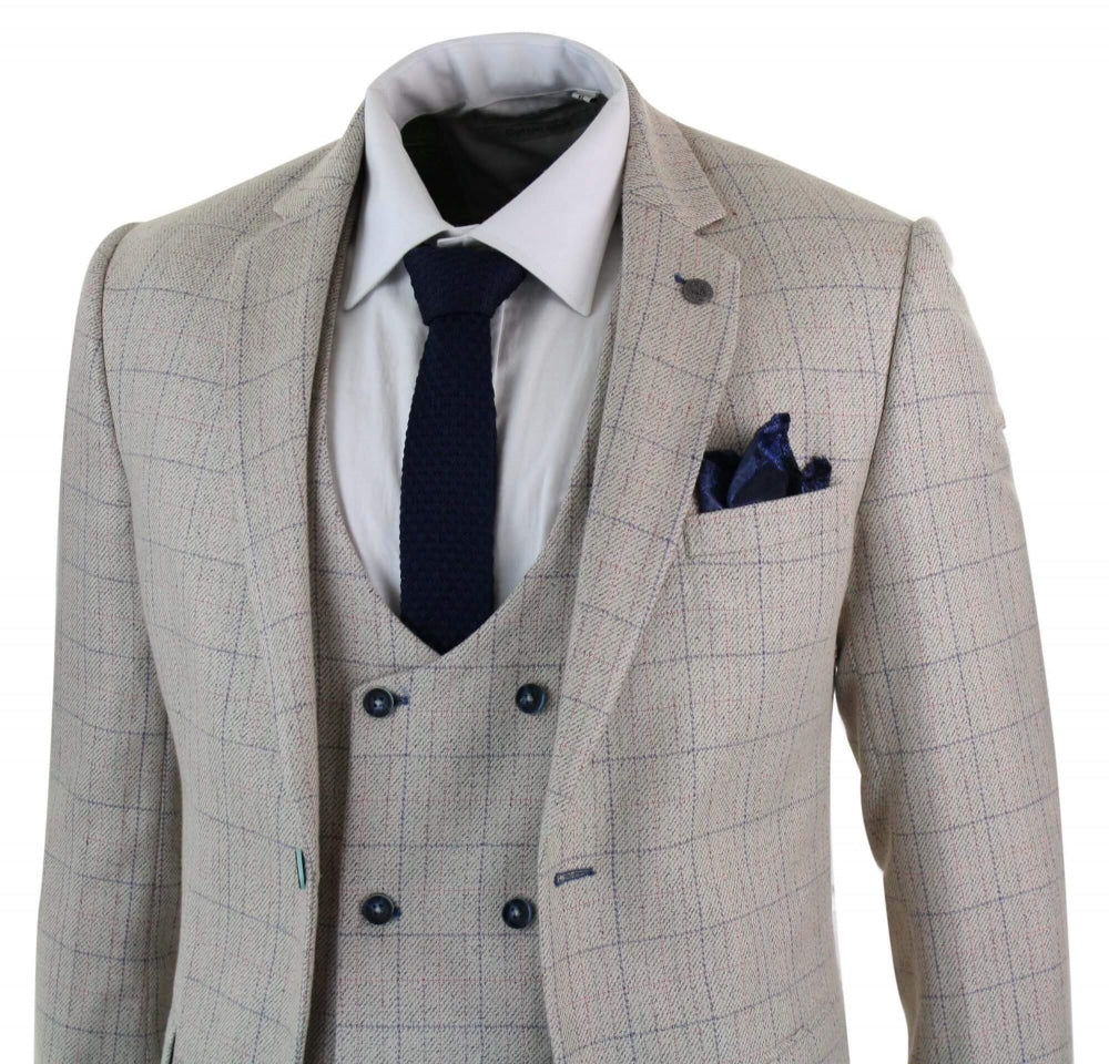 Terno masculino de 3 peças em tons de creme e azul xadrez