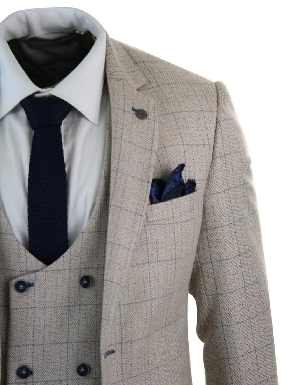 Terno masculino de 3 peças em tons de creme e azul xadrez