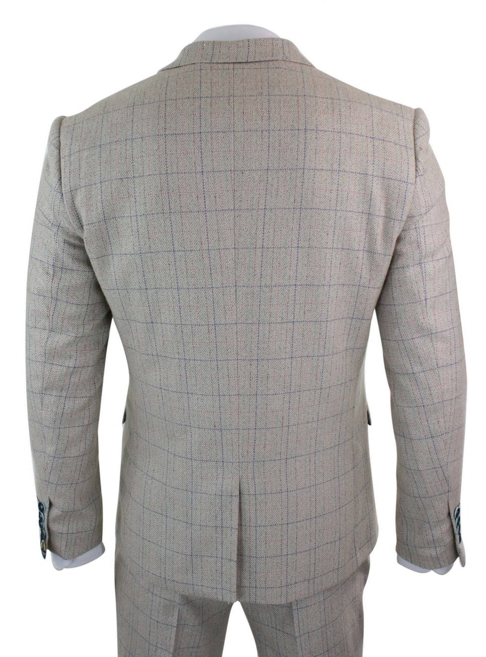 Terno masculino de 3 peças em tons de creme e azul xadrez