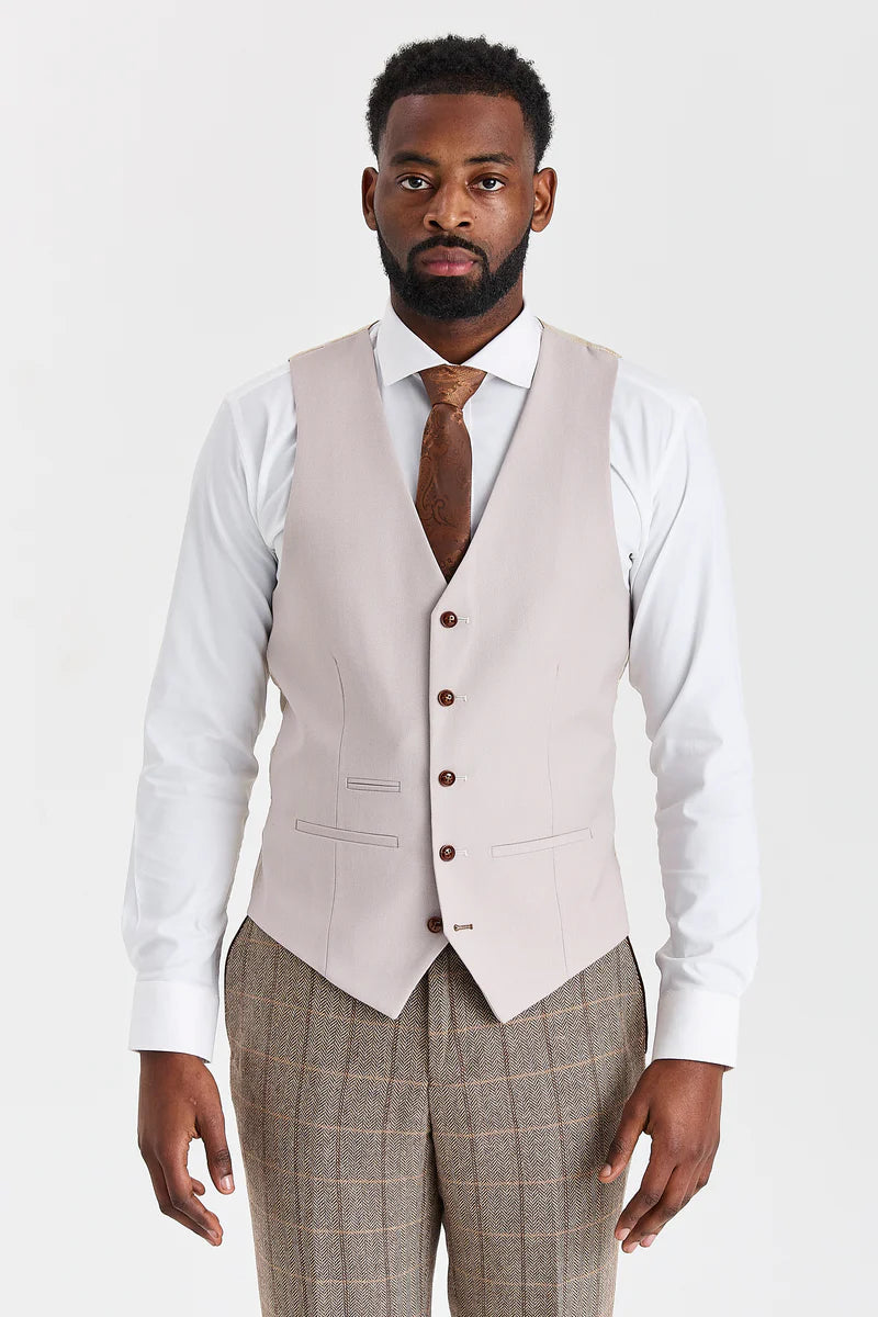 Terno Harris Brown Tweed com colete Mayfair Stone