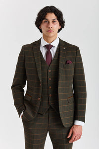 Harris - Terno de tweed verde de 3 peças em mistura de lã para homem