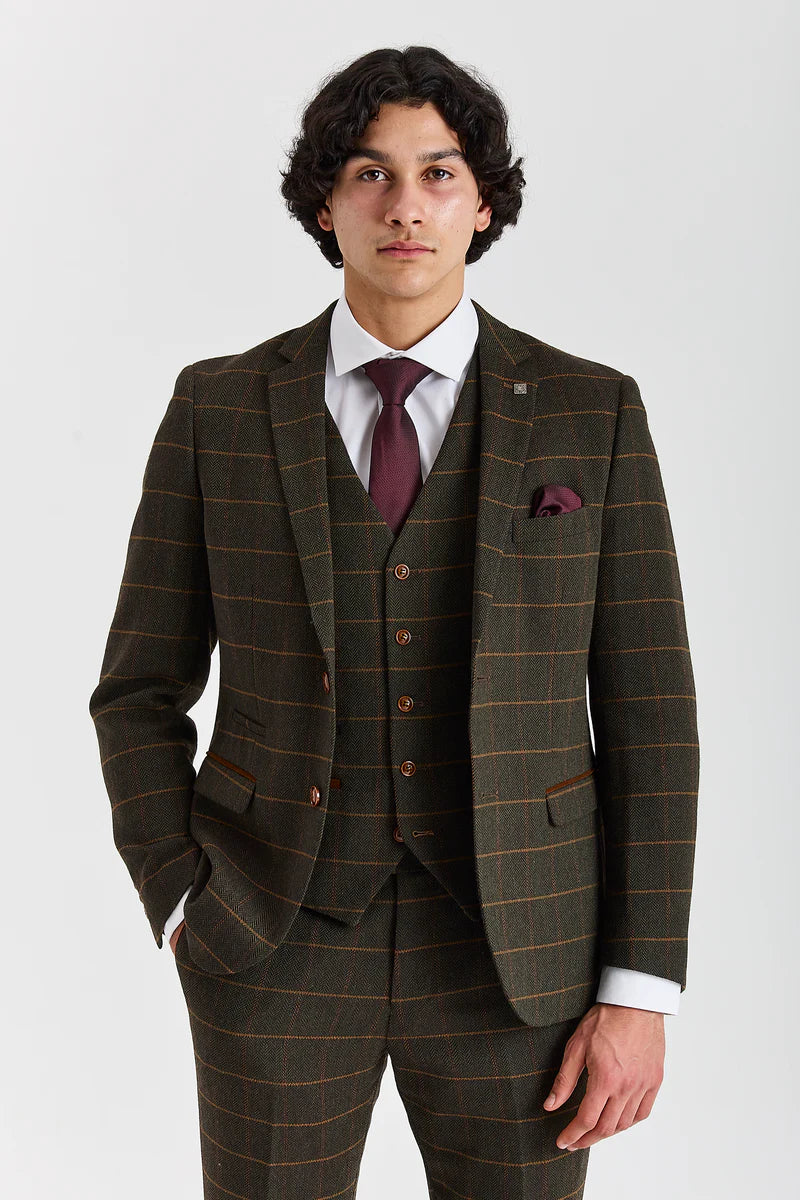 Harris - Terno de tweed verde de 3 peças em mistura de lã para homem