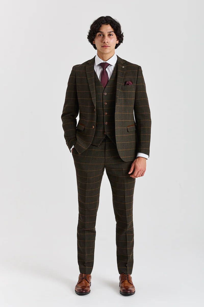 Harris - Terno de tweed verde de 3 peças em mistura de lã para homem