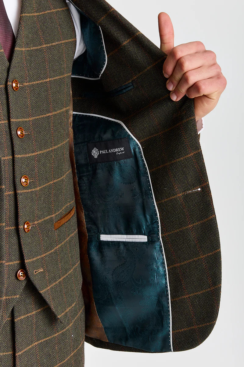 Harris - Terno de tweed verde de 3 peças em mistura de lã para homem