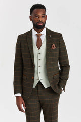 Terno Harris Green Check Tweed com colete contrastante Belmont Sage.