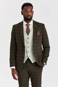 Terno Harris Green Check Tweed com colete contrastante Belmont Sage.