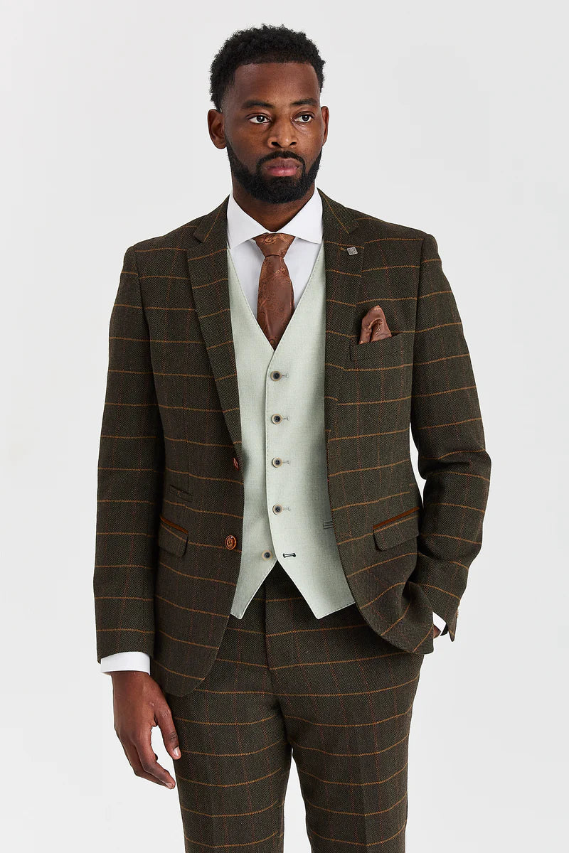 Terno Harris Green Check Tweed com colete contrastante Belmont Sage.