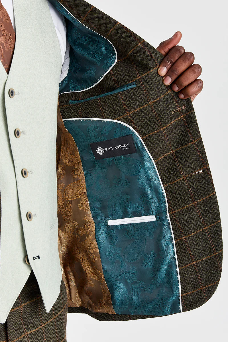 Terno Harris Green Check Tweed com colete contrastante Belmont Sage.