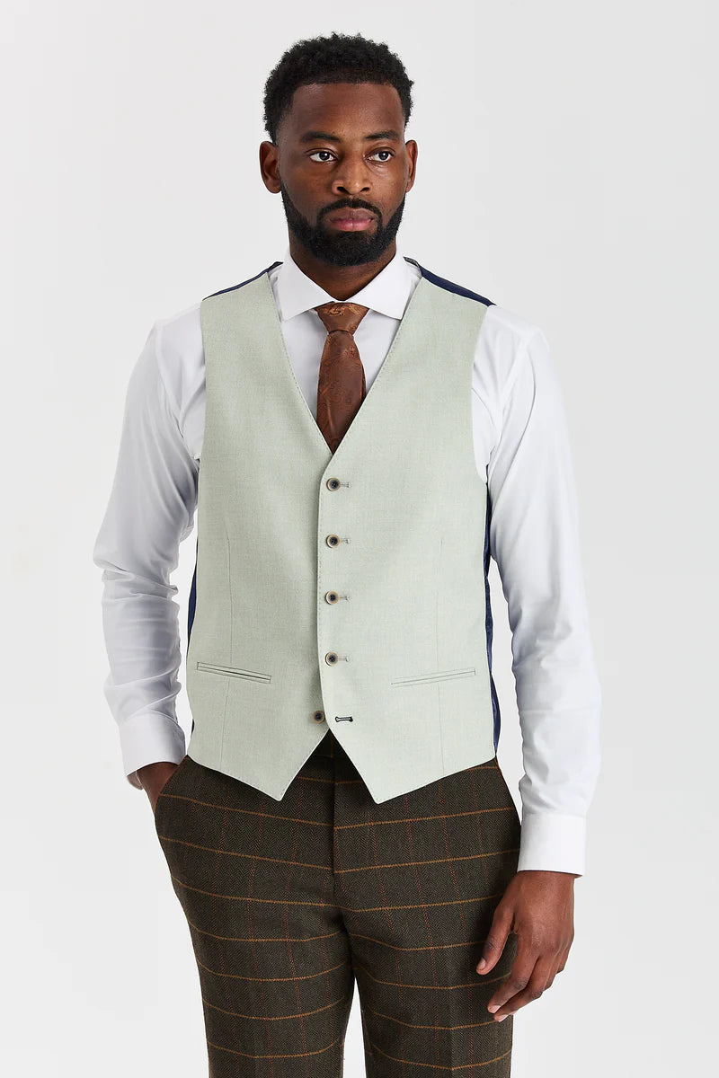 Terno Harris Green Check Tweed com colete contrastante Belmont Sage.