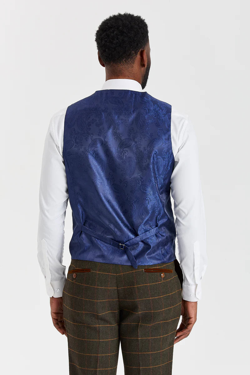 Terno Harris Green Check Tweed com colete contrastante Belmont Sage.