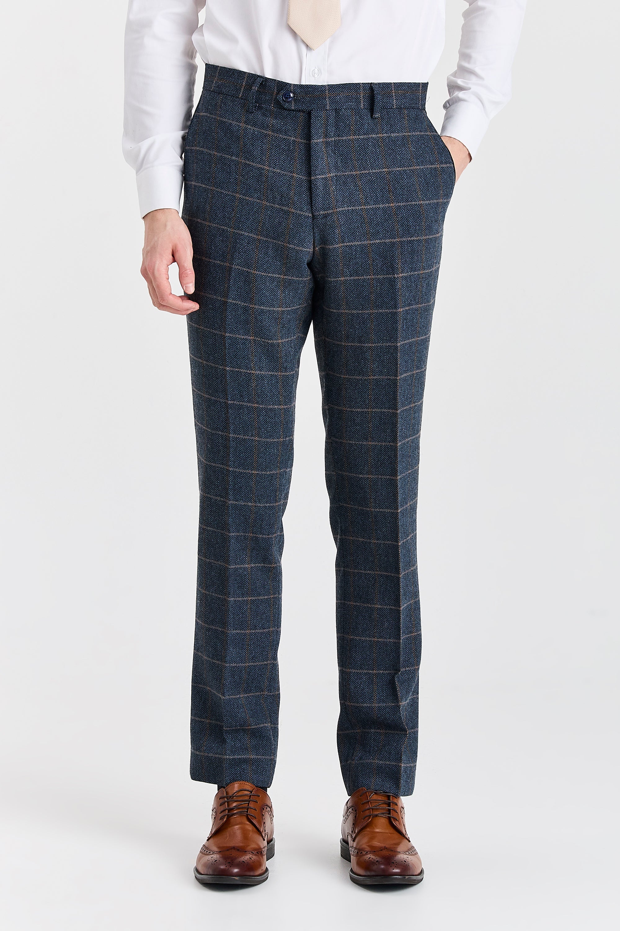 Calças Harris masculinas em tweed azul-marinho com mistura de lã.