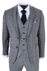 Harris - Terno masculino cinza de tweed com estampa espinha de peixe, 3 peças.
