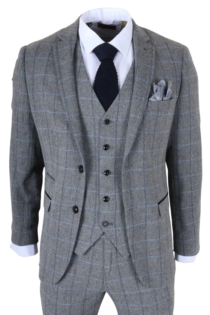 Harris - Terno masculino cinza de tweed com estampa espinha de peixe, 3 peças.