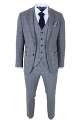 Harris - Terno masculino cinza de tweed com estampa espinha de peixe, 3 peças.
