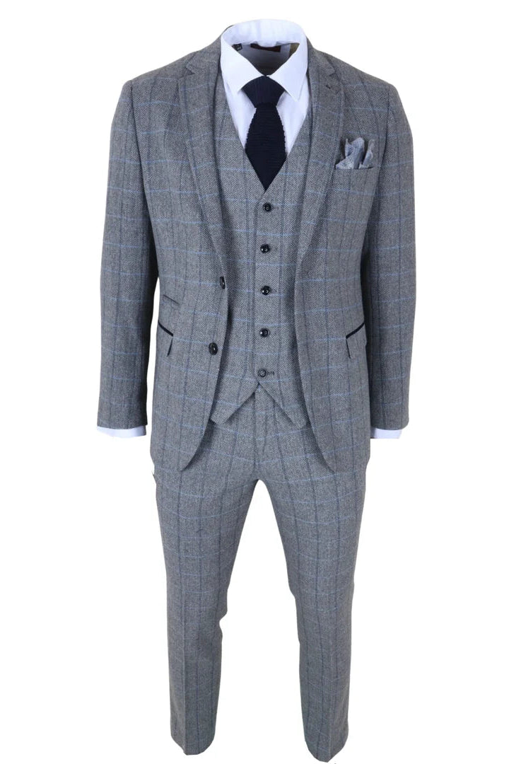 Harris - Terno masculino cinza de tweed com estampa espinha de peixe, 3 peças.