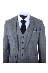 Harris - Terno masculino cinza de tweed com estampa espinha de peixe, 3 peças.