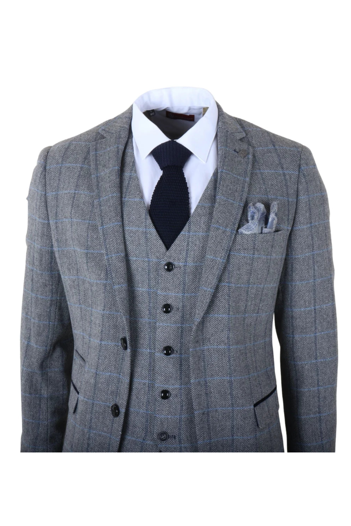 Harris - Terno masculino cinza de tweed com estampa espinha de peixe, 3 peças.