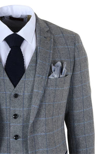 Harris - Terno masculino cinza de tweed com estampa espinha de peixe, 3 peças.