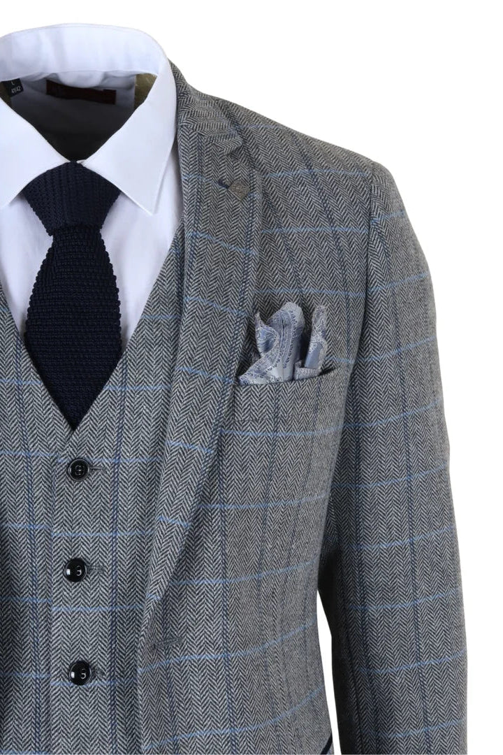 Harris - Terno masculino cinza de tweed com estampa espinha de peixe, 3 peças.