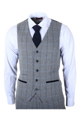 Harris - Terno masculino cinza de tweed com estampa espinha de peixe, 3 peças.