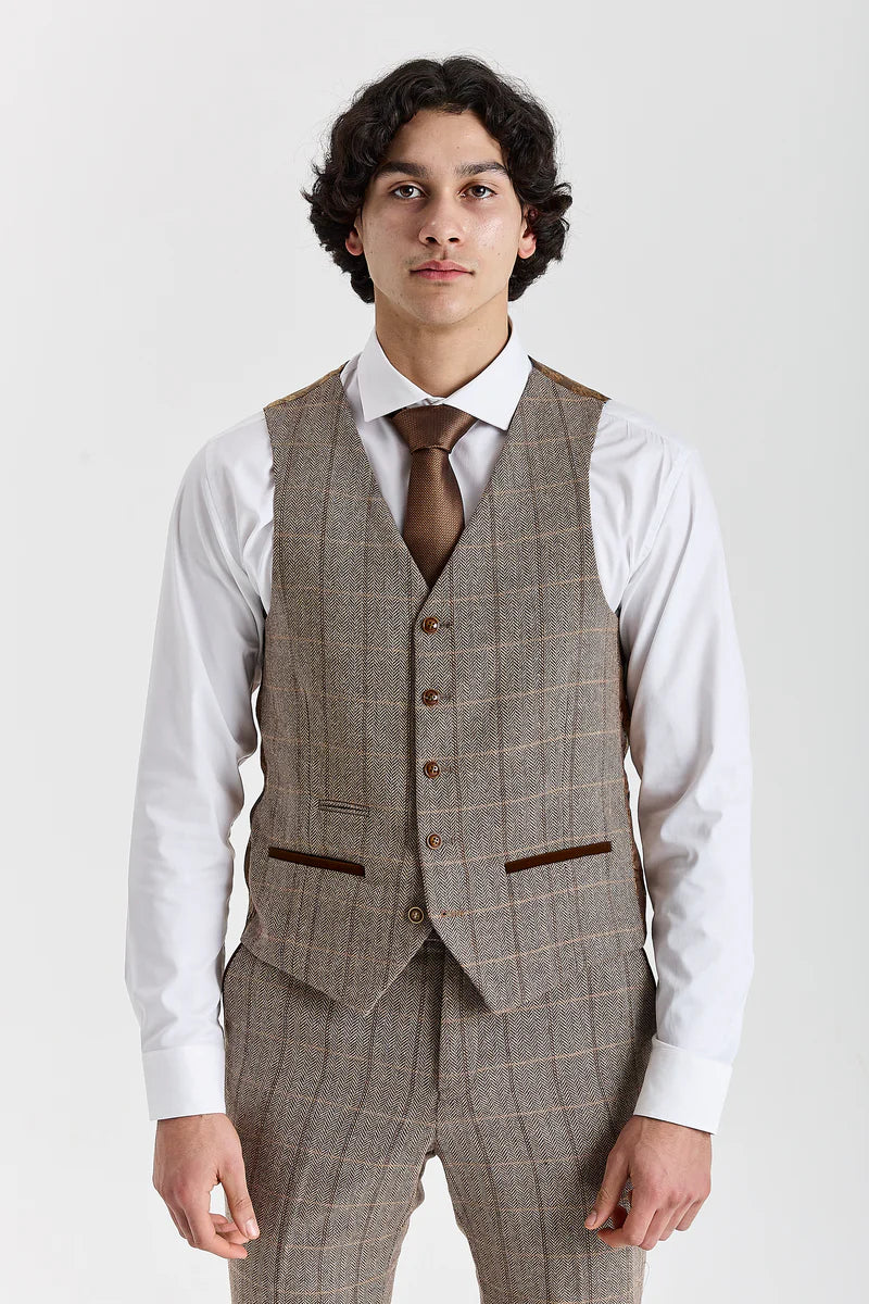 Colete masculino Harris - Tweed marrom com estampa espinha de peixe.