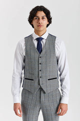 Colete masculino Harris em tecido tweed cinza com estampa espinha de peixe.