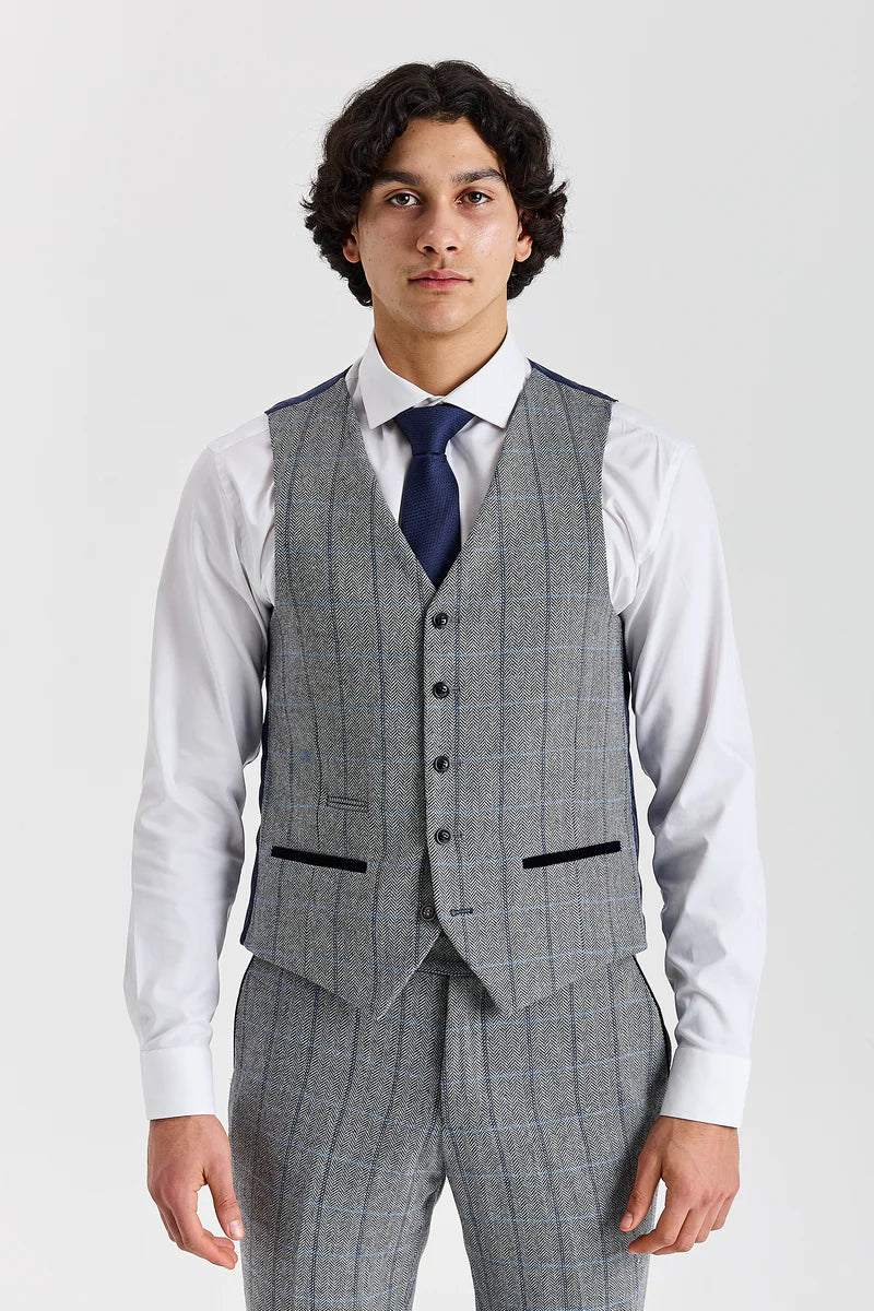 Colete masculino Harris em tecido tweed cinza com estampa espinha de peixe.
