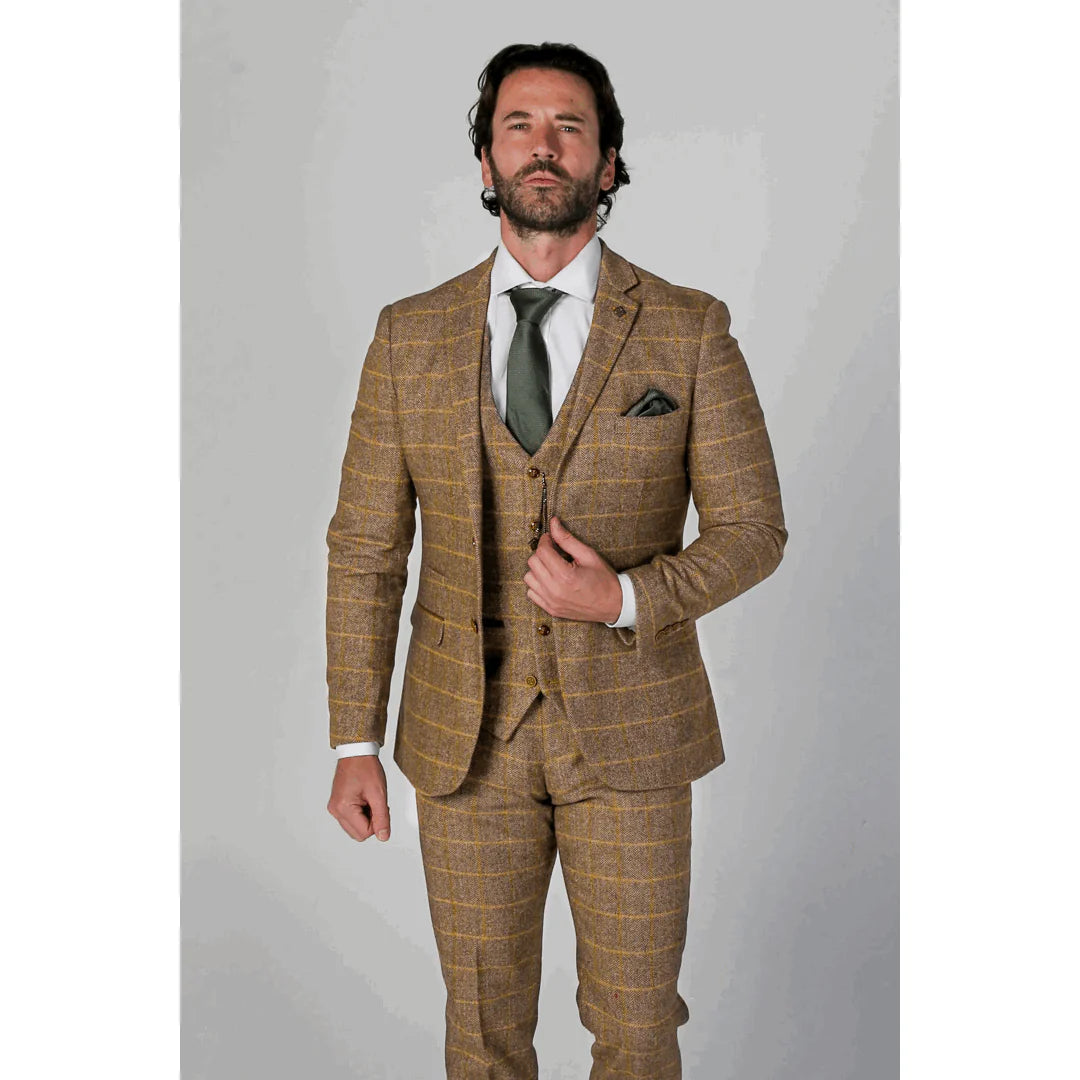 Terno masculino Harris marrom de tweed de 3 peças com estilo vintage clássico.