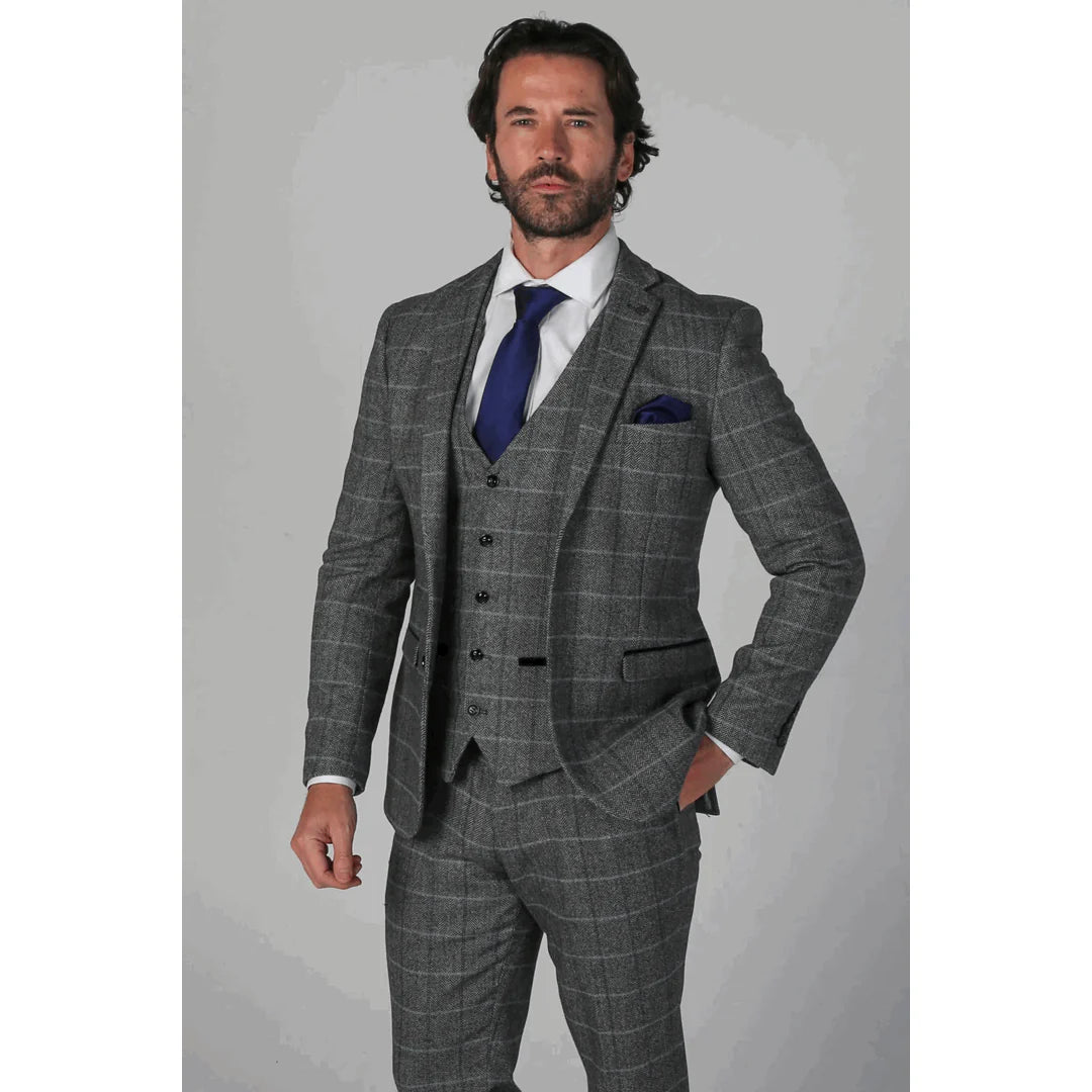 Terno masculino Harris cinza de tweed de 3 peças com charme vintage clássico