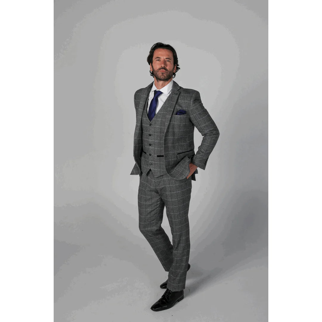 Terno masculino Harris cinza de tweed de 3 peças com charme vintage clássico