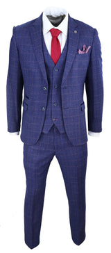 Terno masculino de 3 peças xadrez azul e roxo
