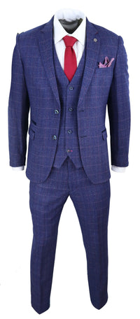 Terno masculino de 3 peças xadrez azul e roxo