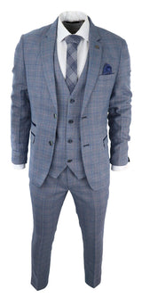 Terno masculino de 3 peças azul celeste xadrez com toque de lã Marc Darcy, corte sob medida para casamento e formatura Harry
