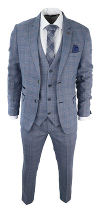 Terno masculino de 3 peças azul celeste xadrez com toque de lã Marc Darcy, corte sob medida para casamento e formatura Harry