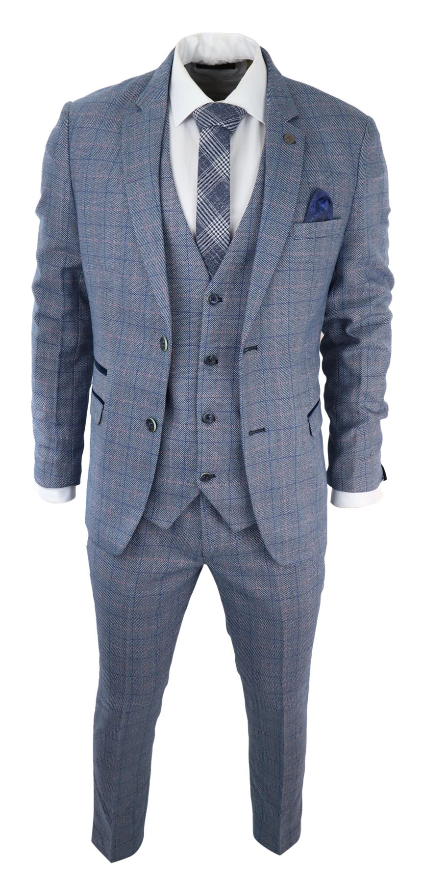 Terno masculino de 3 peças azul celeste xadrez com toque de lã Marc Darcy, corte sob medida para casamento e formatura Harry
