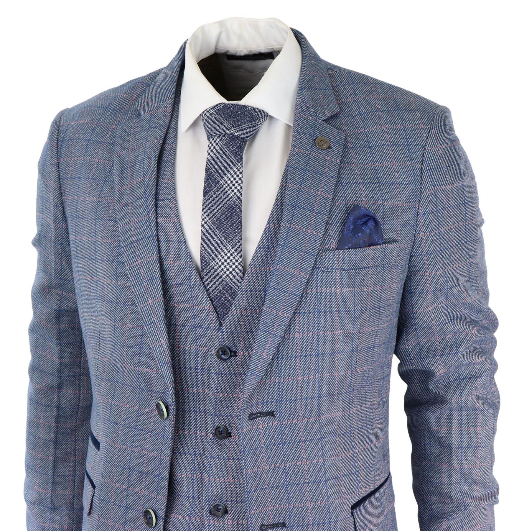 Terno masculino de 3 peças azul celeste xadrez com toque de lã Marc Darcy, corte sob medida para casamento e formatura Harry