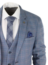 Terno masculino de 3 peças azul celeste xadrez com toque de lã Marc Darcy, corte sob medida para casamento e formatura Harry