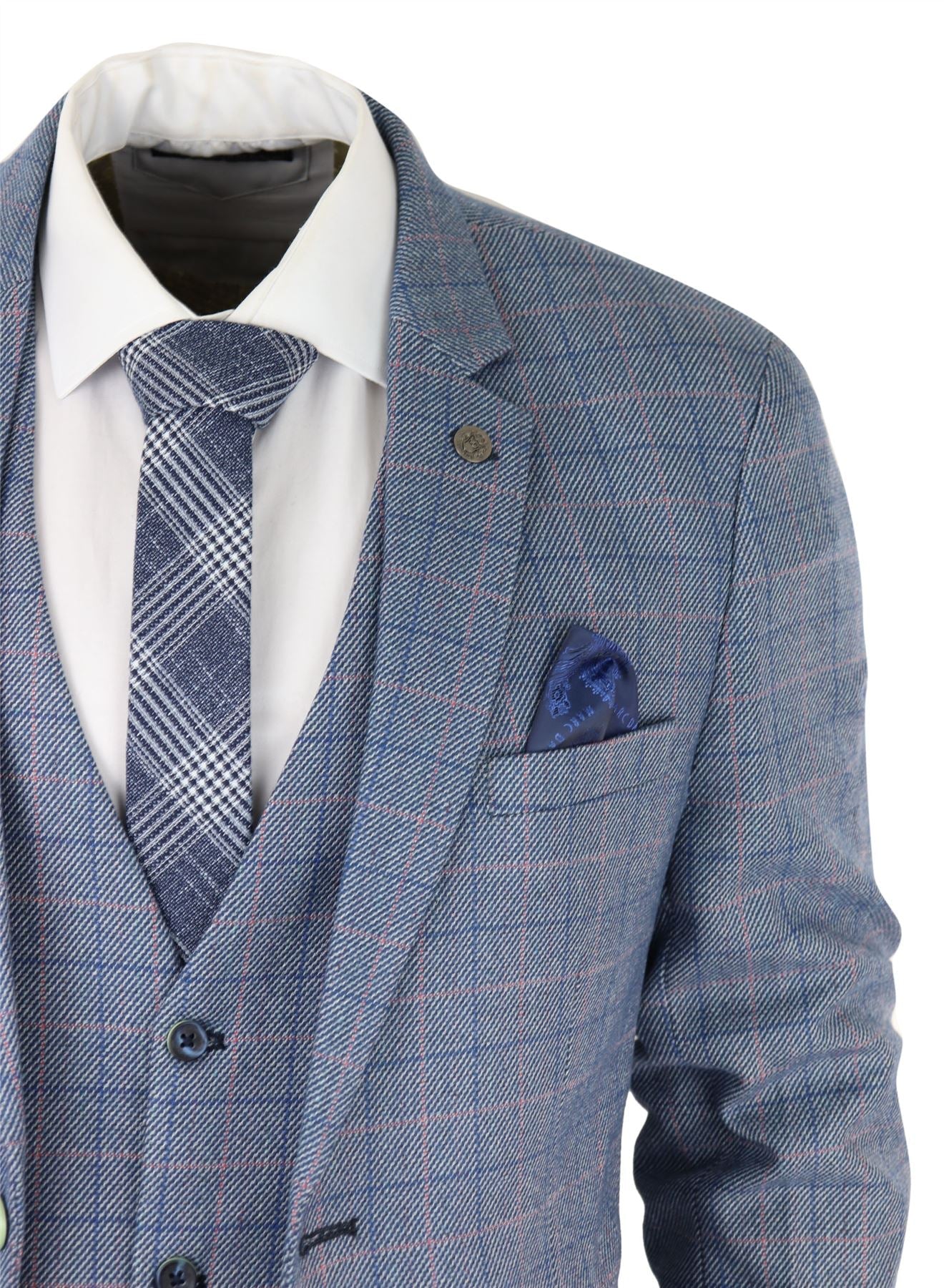 Terno masculino de 3 peças azul celeste xadrez com toque de lã Marc Darcy, corte sob medida para casamento e formatura Harry