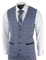 Terno masculino de 3 peças azul celeste xadrez com toque de lã Marc Darcy, corte sob medida para casamento e formatura Harry
