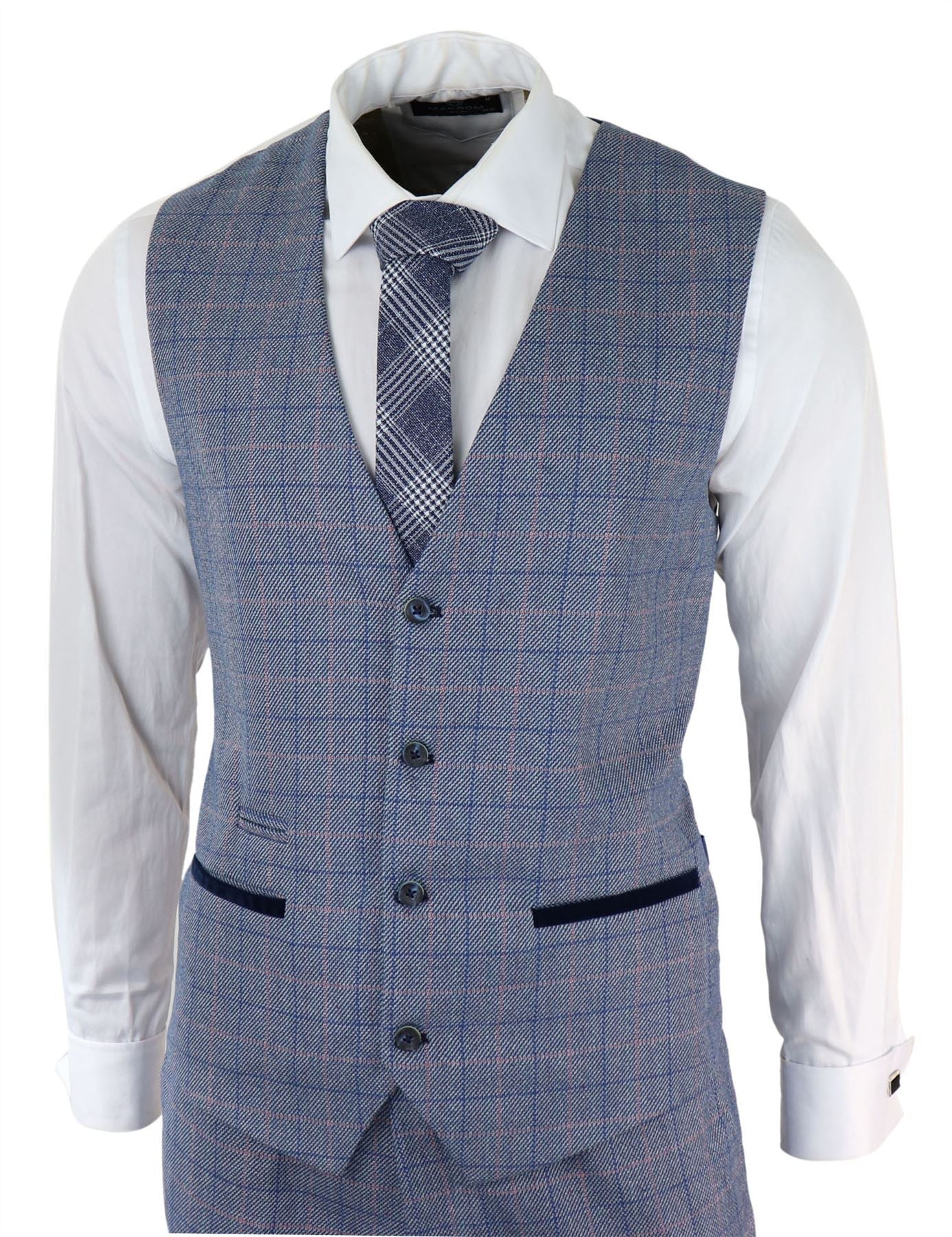 Terno masculino de 3 peças azul celeste xadrez com toque de lã Marc Darcy, corte sob medida para casamento e formatura Harry