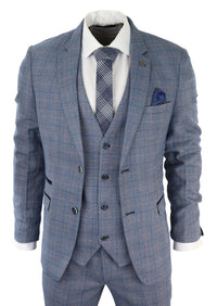 Terno masculino de 3 peças azul celeste xadrez com toque de lã Marc Darcy, corte sob medida para casamento e formatura Harry