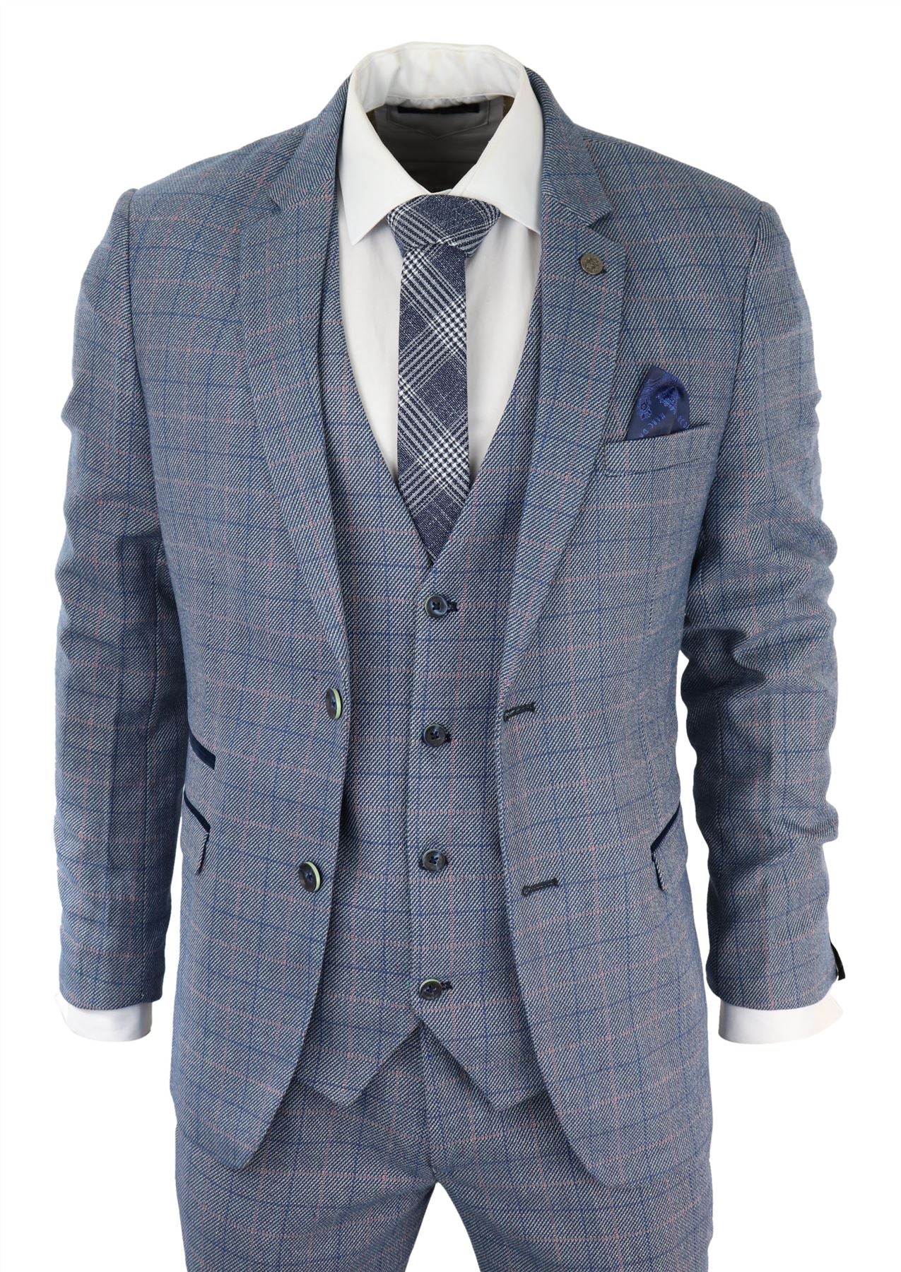 Terno masculino de 3 peças azul celeste xadrez com toque de lã Marc Darcy, corte sob medida para casamento e formatura Harry