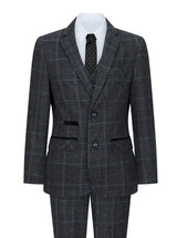 Terno infantil de tweed cinza e preto de 3 peças com estampa espinha de peixe, vinho, estilo vintage retrô.