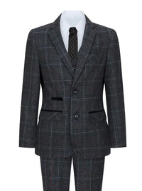 Terno infantil de tweed cinza e preto de 3 peças com estampa espinha de peixe, vinho, estilo vintage retrô.